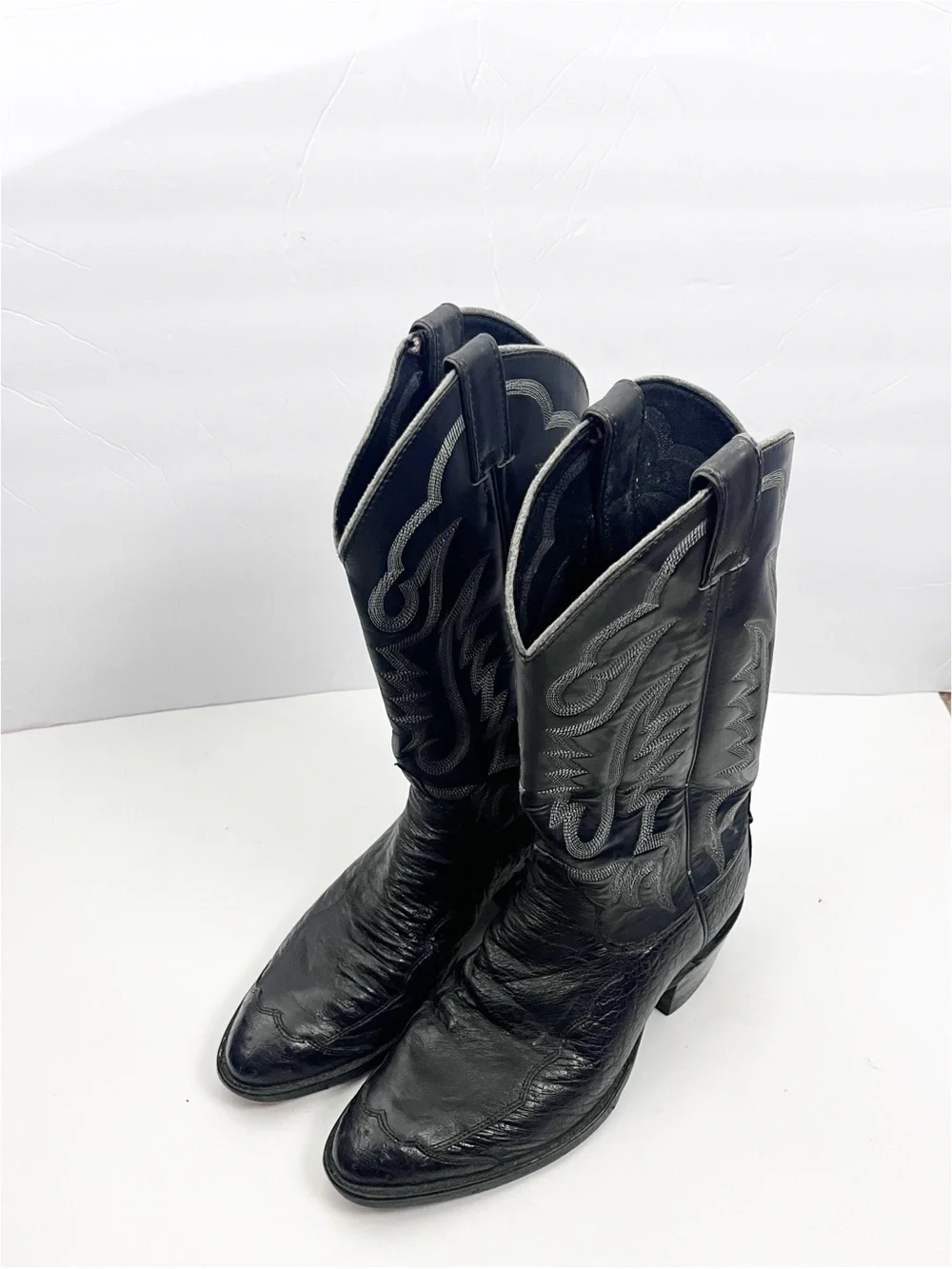 JUSTIN USA Black Smooth Ostrich Leather Roper Style Round Toe Pull On Boots 7